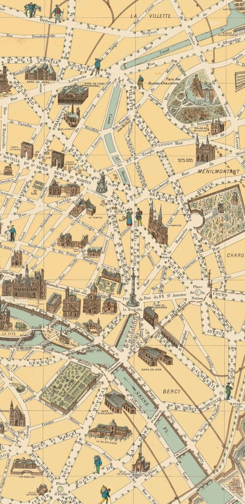 carte des monuments de paris en 1899 : bastille et buttes chaumont