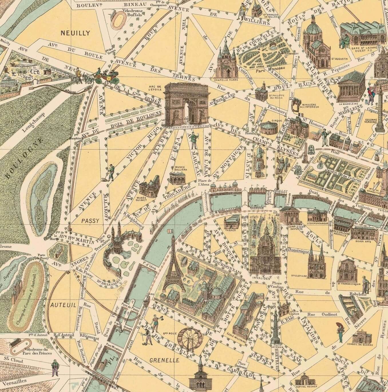 carte des monuments de paris en 1899 : tour eiffel et champs elysée