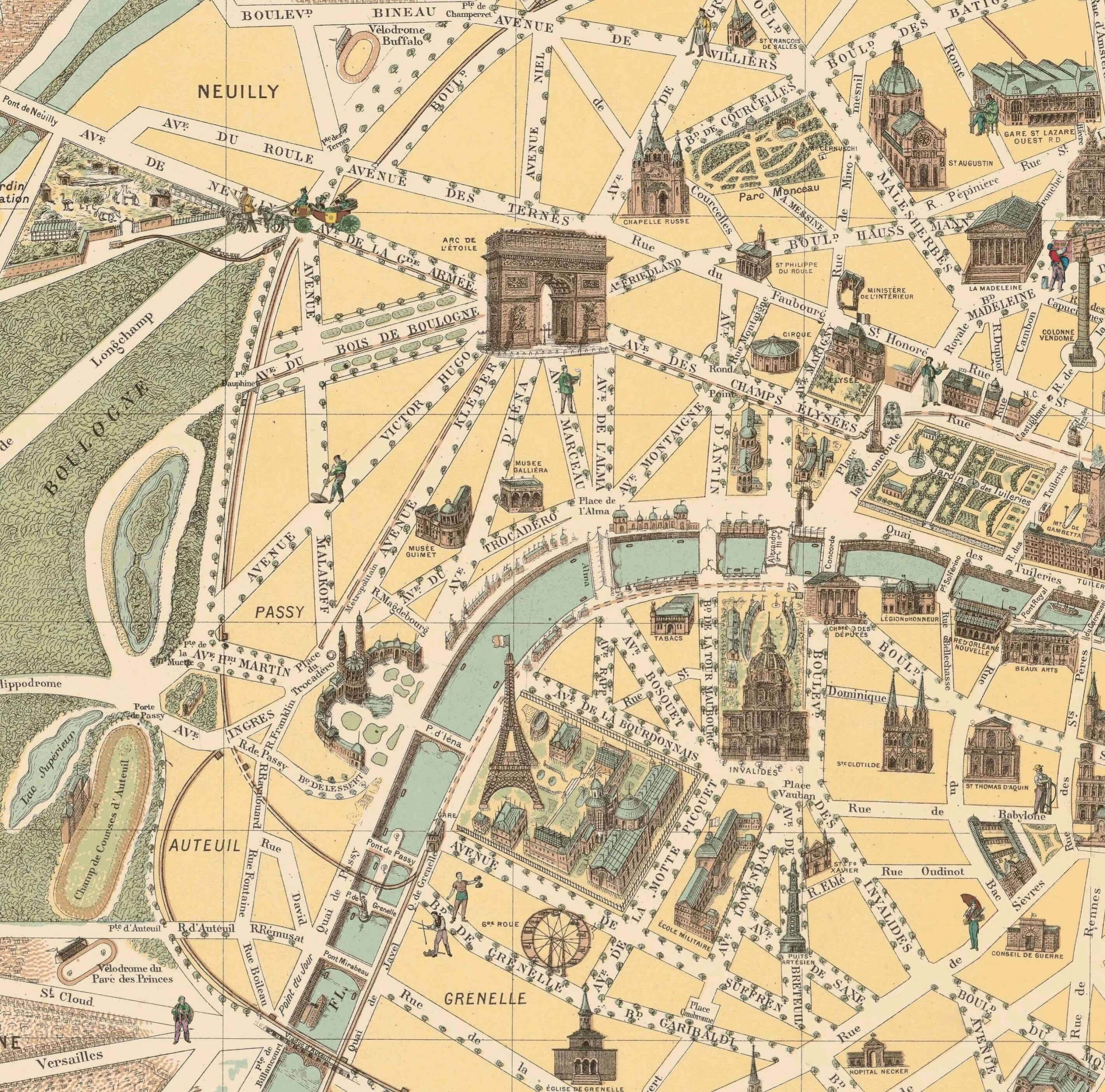 carte des monuments de paris en 1899 : tour eiffel et champs elysée