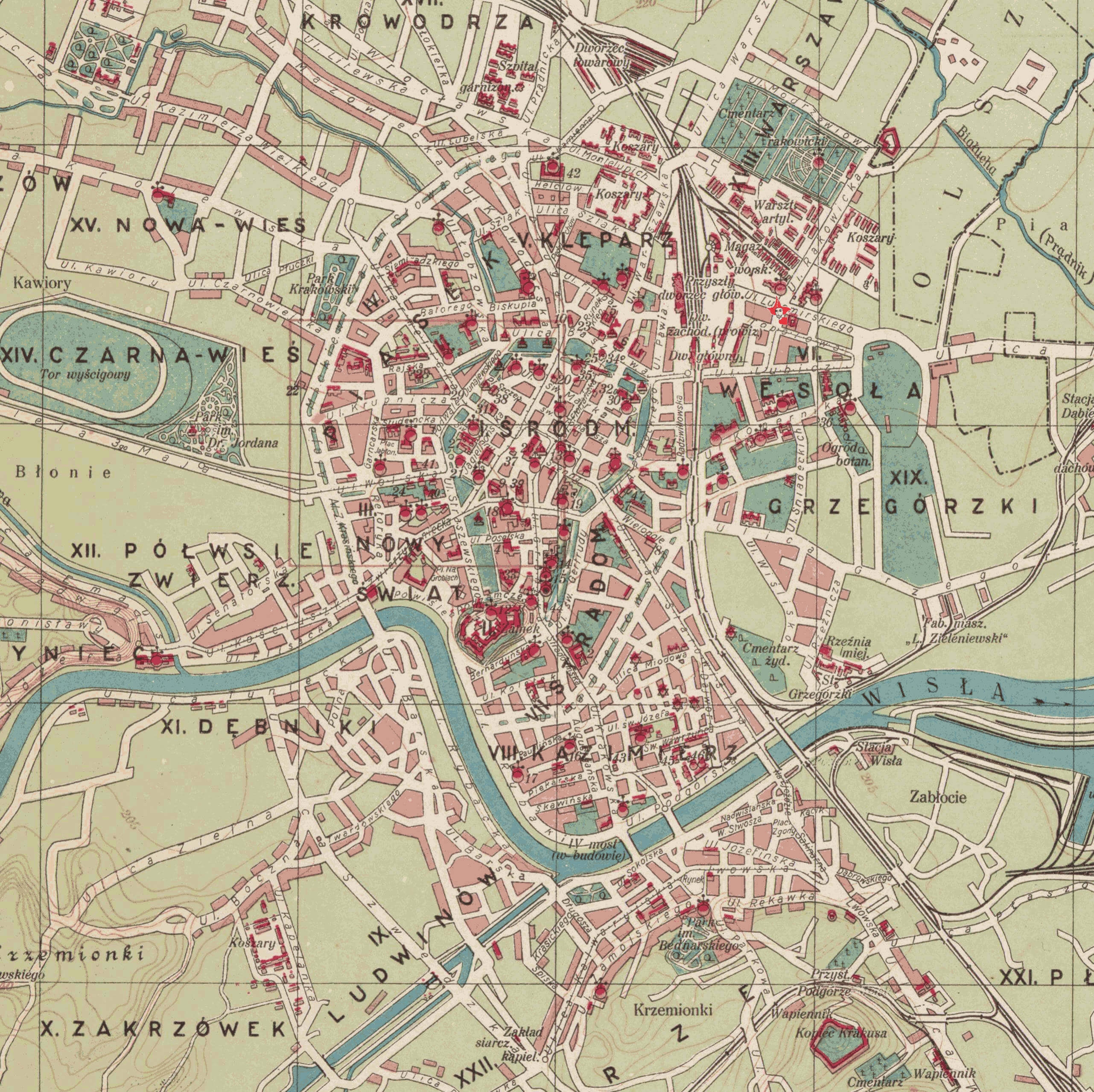 plan de Cracovie en 1930, carte de Cracovie