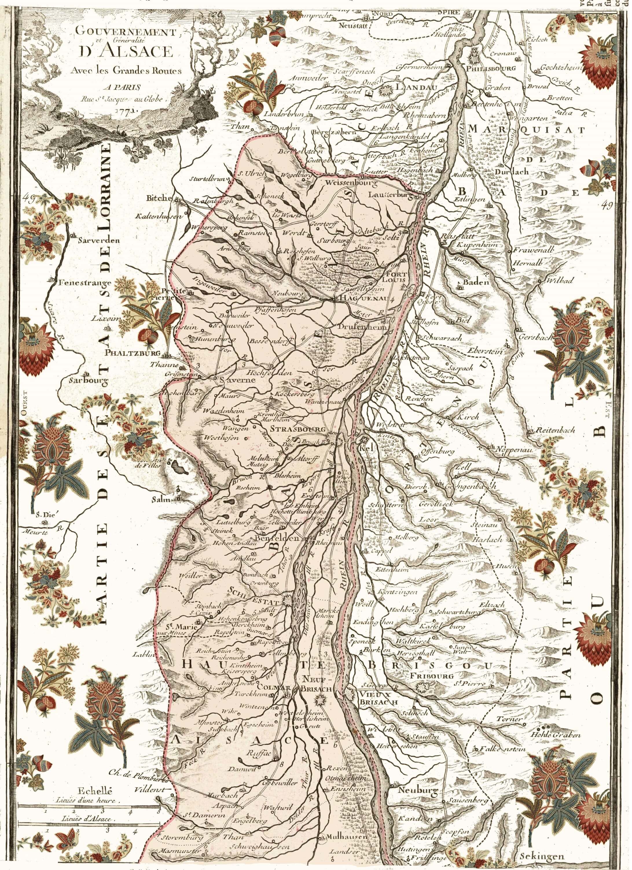 carte de l'Alsace en 1771 : Haguenau, Strasbourg, Mulhouse